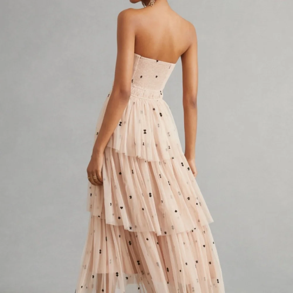 Maeve Strapless Blush Pink Tiered Tulle Maxi Dress with Black Dot Embellishments - Picture 4 of 5